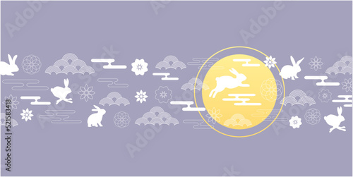 Mid Autumn festival decoration pattern background. Mid autumn event banner decoration with traditional pattern and rabbits. Chinese traditional festival design elements. Vector illustration. photo