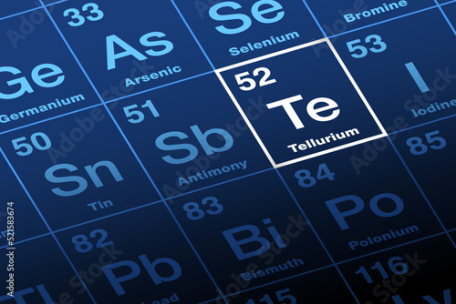 Tellurium on periodic table. Rare metalloid, chalcogen and chemical element with Symbol Te from Latin tellus for earth. Atomic number 52. Used for copper and steel alloys, improving the machinability.