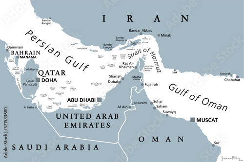 Strait of Hormuz, gray political map. Waterway between Persian Gulf and Gulf of Oman. Strategically very important choke point, with Iran to the north and UAE and Oman exclave Musandam to the south.