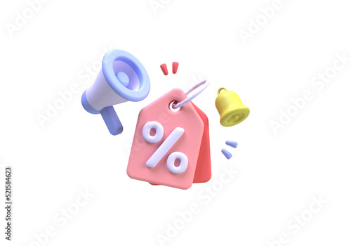 Coupon with megaphone and a percentage sign for a bargain purchase online business idea concept background