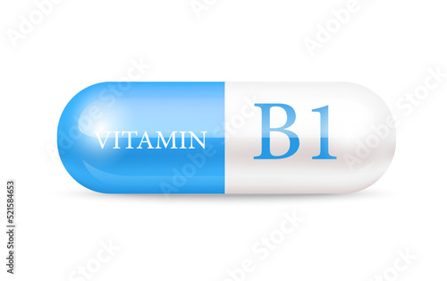 Capsule vitamin B1 structure blue and white. Beauty concept. Personal care. 3D Vector Illustration. transparent capsule pill. Drug business concept. Vitamin complex with chemical formula.	
