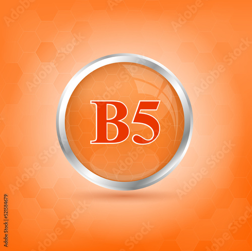 Vitamin B5 icon structure orange substance. 3D Vitamin complex with chemical formula. Personal care, beauty concept. Vector Illustration. Medicine health symbol of thiamine. Drug business concept.