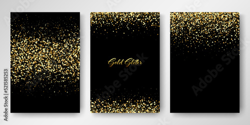 Three gold glitter invitation design templates. Holiday cards, invitations, brochures.