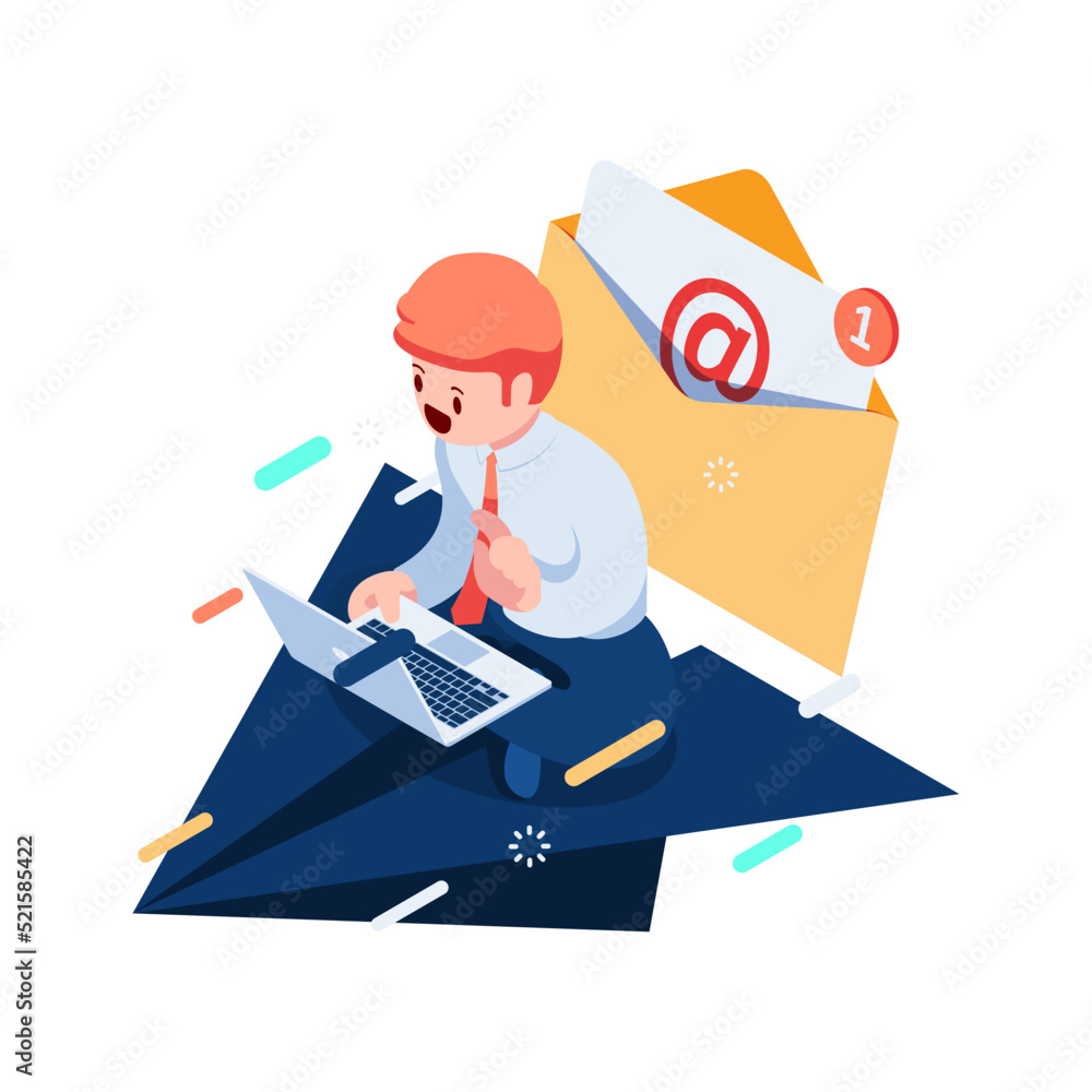 Isometric Businessman Sitting on Paper Planes using Laptop with Email