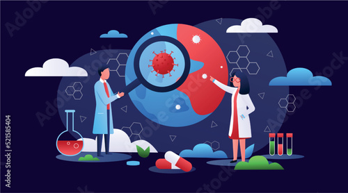 Epidemiology and biology research. Bacteria and virus. Prevention of pandemic. Disease or epidemic risk. Micro organisms. Scientists explore microbe in laboratory. Vector flat illustration