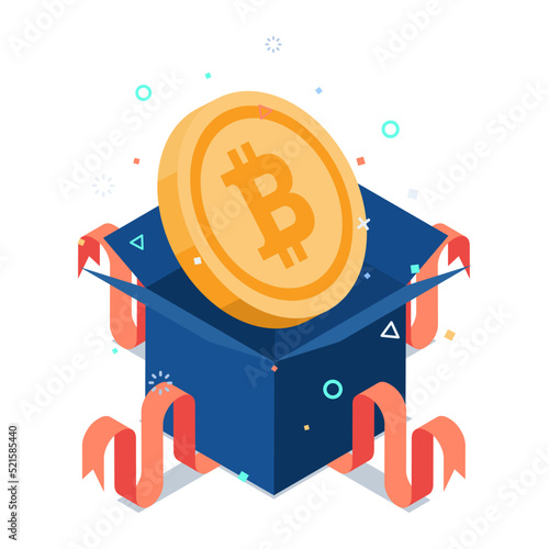Isometric Bitcoin Inside Gift Boxes Showing Up
