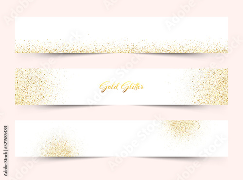 Fototapeta Naklejka Na Ścianę i Meble -  Set of horizontal white and gold banners, greeting card design. Gold dust. Vector illustration. Merry Christmas and Happy New Year invitation template.