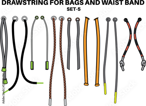 Drawstring cord flat sketch vector illustrator. Set of Draw string with aglets for Waist band, bags, shoes, jackets, Shorts, Pants, dress garments, Drawcord aiglets for Clothing to pulled or tighten photo