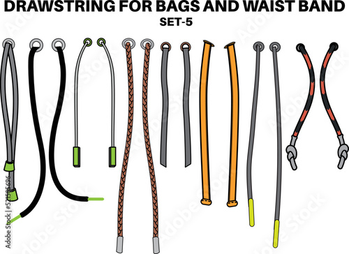 Drawstring cord flat sketch vector illustrator. Set of Draw string with aglets for Waist band, bags, shoes, jackets, Shorts, Pants, dress garments, Drawcord aiglets for Clothing to pulled or tighten