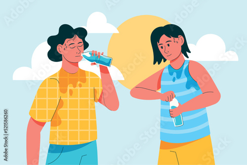 Sweat persons drink water on heat. Thirsty sport boy and girl with refreshing beverage bottles. Hot summer. Tired man and woman. Body hydration. Cooling liquid. Vector illustration