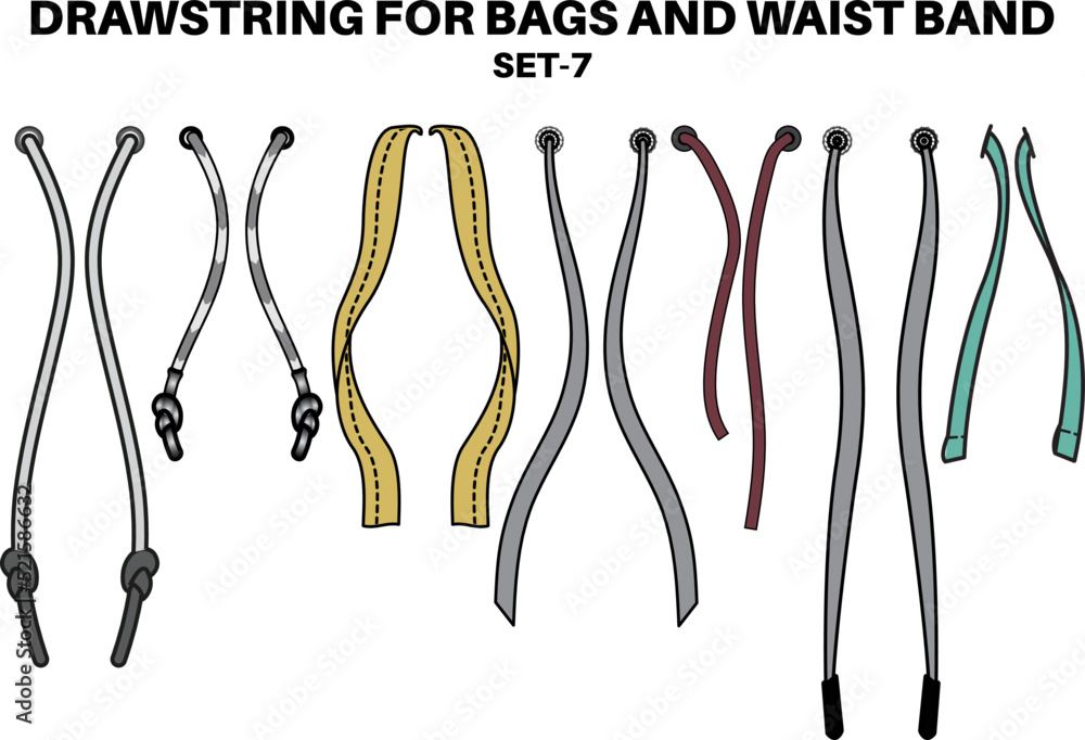 Drawstring cord flat sketch vector illustrator. Set of Draw string with