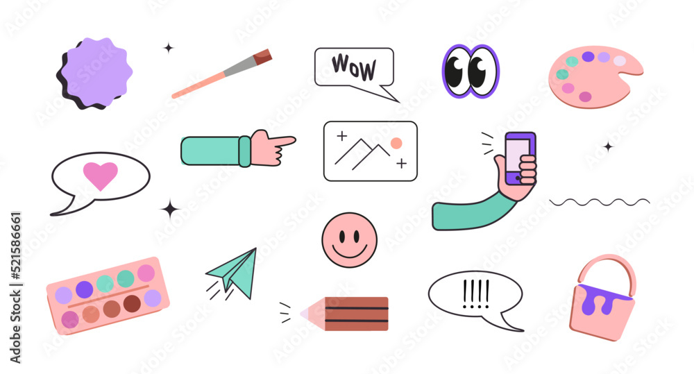 Icon cute vector set with art communication and painting on the white background Icon cute vector set with art communication and painting on the white background