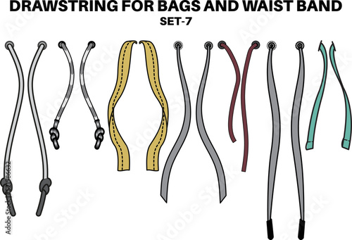 Drawstring cord flat sketch vector illustrator. Set of Draw string with aglets for Waist band, bags, shoes, jackets, Shorts, Pants, dress garments, Drawcord aiglets for Clothing to pulled or tighten