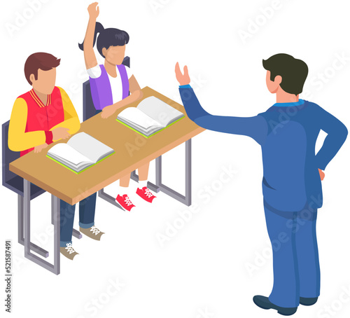 Teacher and pupils. Students in audience. Young people sitting at tables and listening to lecture. Professor explains theme of seminar. School girl rases hand up asks teacher questions after class