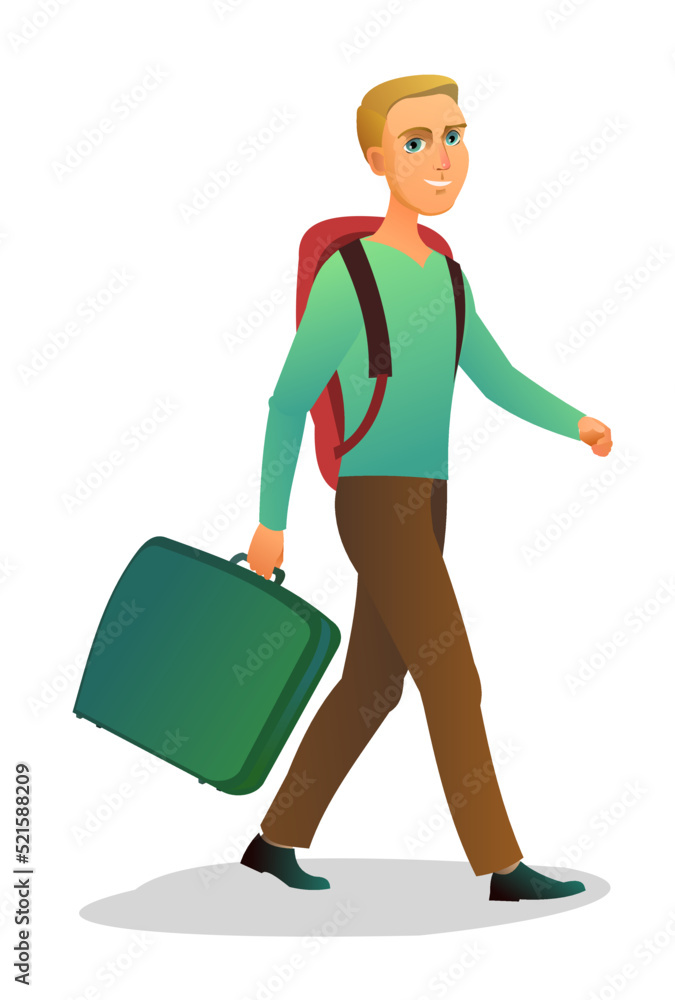 Tourist with backpack and suitcase. Walks and smiles. Goes on trip. Traveler on road. Isolated on white background. Vector. Tourist with backpack and suitcase. Walks and smiles. Goes on trip. Traveler on road. Isolated on white background. Vector.