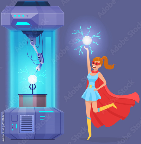 Automated scientific laboratory. Study of atomic structure in machinery, make research on professional equipment. Happy girl in superwoman costume. Collider, developments in field of energy experiment