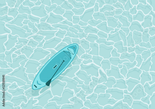 Sup board on water surface. Surfboard with paddle in the ocean or the blue sea. Vector illustration with water sport equipment. Aqua texture background in turquoise color.