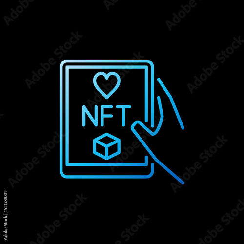 Hand holding Tablet with NFT vector concept blue outline icon