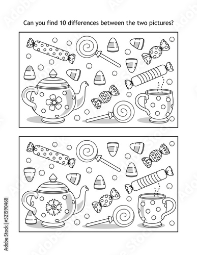 Halloween candy and tea party find the differences picture puzzle and coloring page
