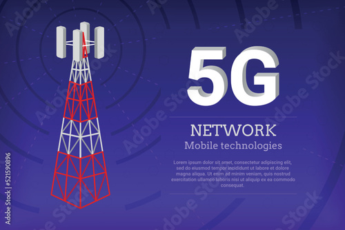 5g tower base station. Cell telecommunication antenna, broadband internet, mobile wifi cellular mast. Network communication, banner with copy space. Vector illustration background