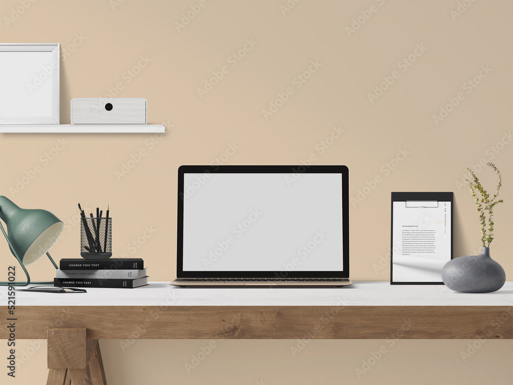 modern office interior with laptop, 3d Illustration, 3d Rendering modern office interior with laptop, 3d Illustration, 3d Rendering