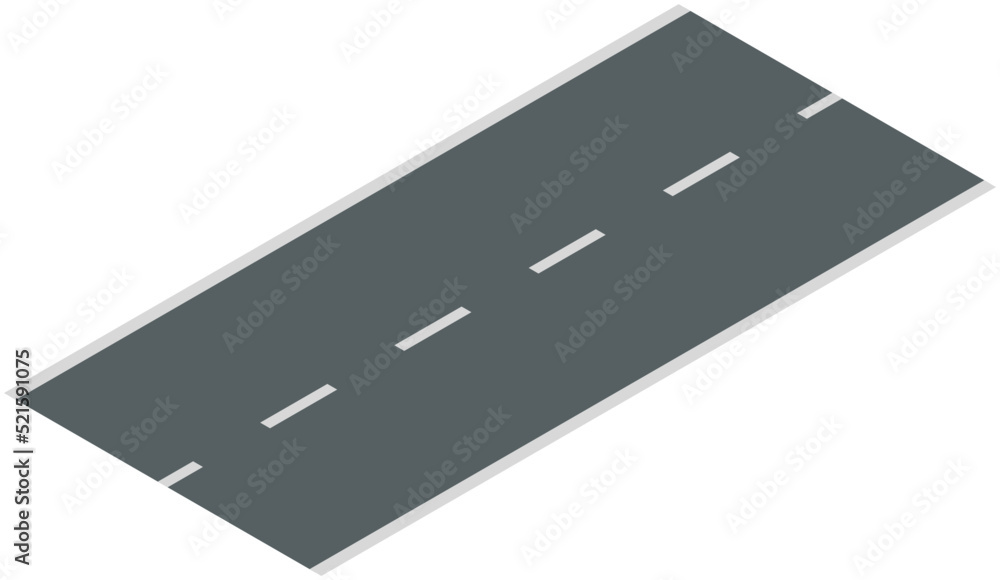 Fototapeta premium Isometric piece of asphalt road with markings. Autobahn, vector gray pavement isolated on white. For travel or transport theme, lasting way, auto traffic for passage of vehicles and movement of cars