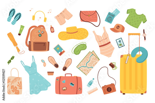 Summer beach clothes set. Girl holiday stuff for summertime travel, tourist bag with sea bikini. Voyage luggage and tourism accessories. Tourist baggage. Vector cartoon illustration