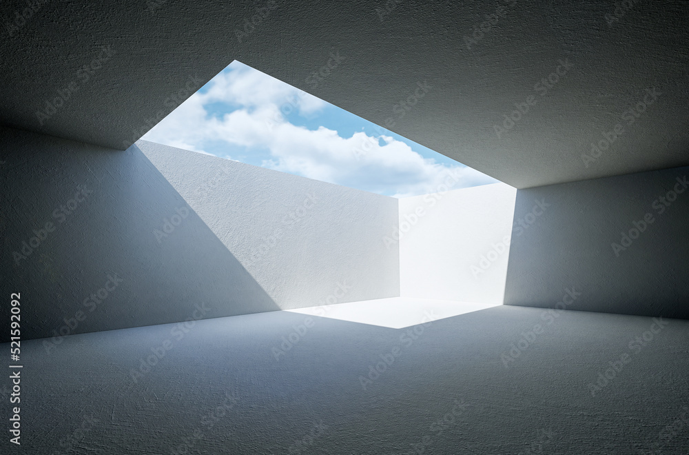 Empty loft room with white walls, city view and concrete floor 3D Render Empty loft room with white walls, city view and concrete floor 3D Render
