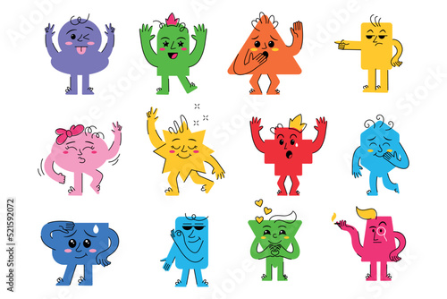 Geometry figures, funny characters with faces. Children education shapes, cute comic game, geometric math collection. Doodle circles triangles and squares. Kids elements. Vector cartoon set