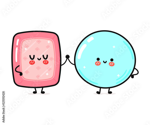 Cute, funny happy soap bubble and soap character. Vector hand drawn cartoon kawaii characters, illustration icon. Funny cartoon soap bubble and soap friends concept