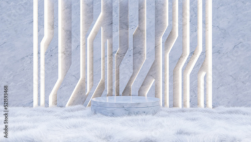 A 3d rendering image of product display on white fur floor and white marble wall