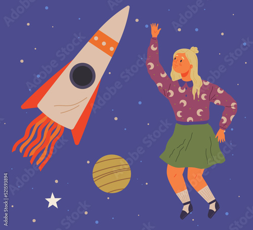 Astronaut woman with jet backpack flying among planets and rockets. Lady dressed as spaceman dreams about space. Girl with self made jetpack flying to sky. Person in costume of space explorer