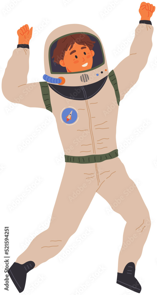 Dancing astronaut, spaceman. Man dressed as astronaut at costume party. Outfit for holiday in cosmic style. Guy wearing space suit raising hands and dancing. Happy person in costume of space explorer