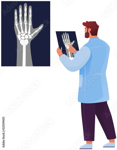 Scientist looking at x-ray of human hand. Treatment, health care, diagnosis. Specialist diagnoses patient by roentgen. Doctor analyzes results of medical checkup. Orthopedist examining injury