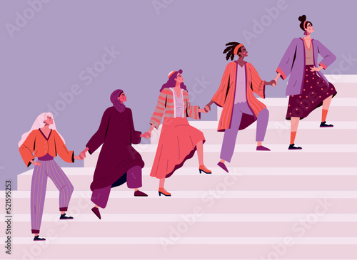 Women entrepreneurs, leadership and sisterhood. Black and Arab female women empowerment, strong business. Multiethnic group of girls climb stairs. Feminism concept, vector illustration
