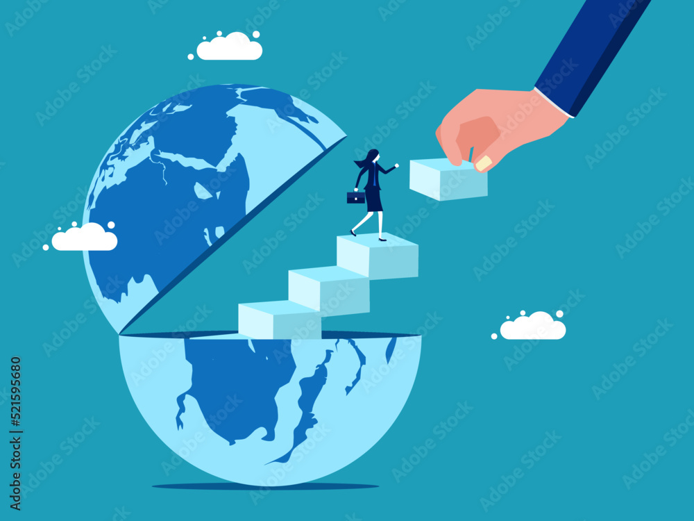 Opening the world. A businesswoman walks out of the world by a ladder. vector illustration