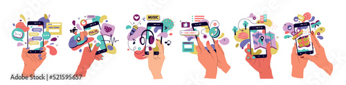 Hands with smart phones. Mobile application for cellphone. Digital communication. Gift or smiley icons. Device in arms. Music or map app. Vector flat cartoon smartphone screens set