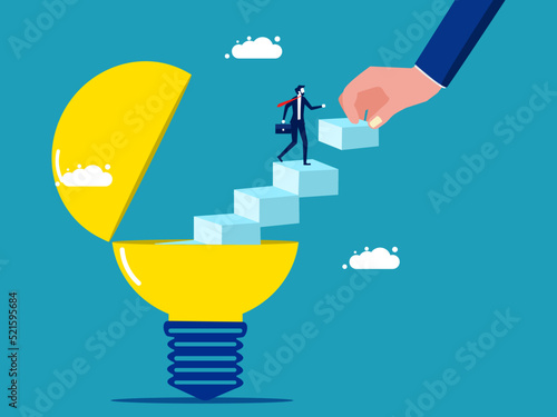 New creativity. A businessman walks out of an idea lamp with a ladder. vector illustration