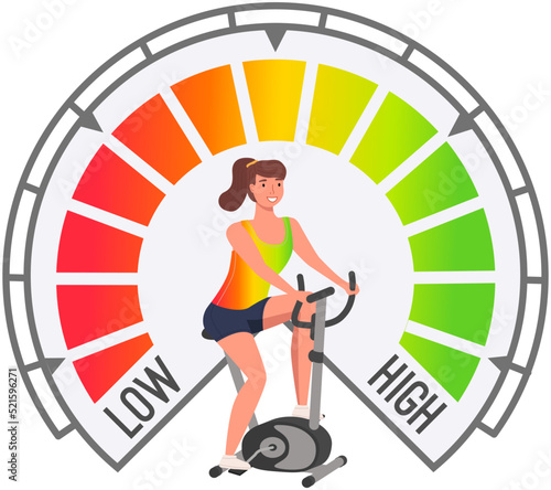 Woman doing peloton workout. Active female on stationary bike with speedometer scale. Sporty girl training at home. Workout at home gym cardio fitness training equipment with load measurement