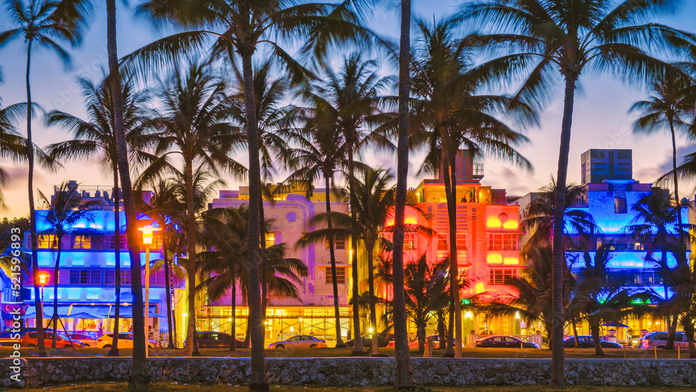 Miami Beach, colorful Art Deco District at night. Miami Beach Ocean
