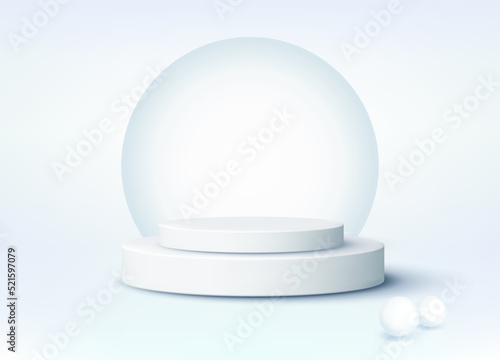 Studio background to showcase products in Light blue and white 3D white cylinder base and geometric circle background. Used for advertising cosmetic products, food supplements or general