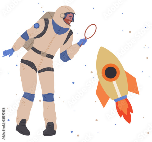 Astronaut travels in intergalactic space. Man on spaceship flies in solar system. Fantastic transport of explorer in space. Spaceman flying among rocket and stars. Sky landscape with celestial objects