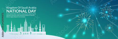 Saudi Arabia National Day Horizontal Banner Design with Fireworks