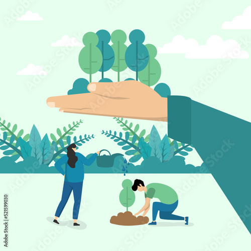 environmental greening concept, social concept. People doing tree planting activity, vector flat illustration. Ecological lifestyle.