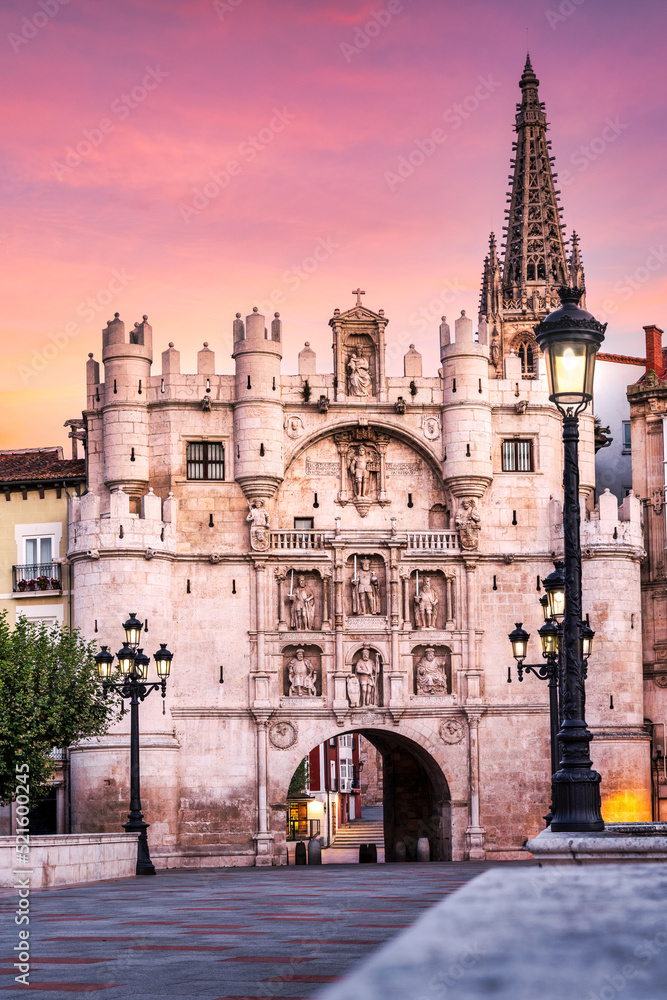 Archway of Santa Maria in the world heritage city of Burgos in Spain, Castilla y Leon - Gateway to the old town - Travel and cultural tourism concept