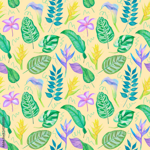 Exotic tropical flowers and leaves illustration seamless pattern  branding  packaging