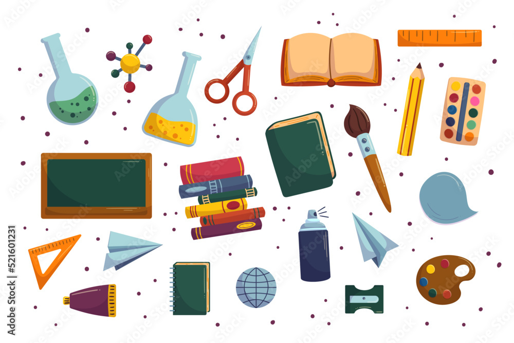 Cartoon collection with school equipment. Back to school supplies - chalkboard and books, chemistry tube. Hand drawn vector illustrations. Cartoon collection with school equipment. Back to school supplies - chalkboard and books, chemistry tube. Hand drawn vector illustrations.