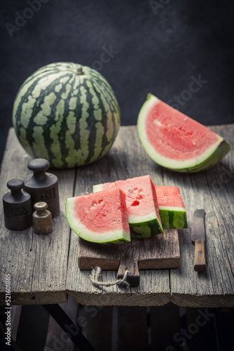 Sweet and fresh chopped watermelon in a rustic kitchen.