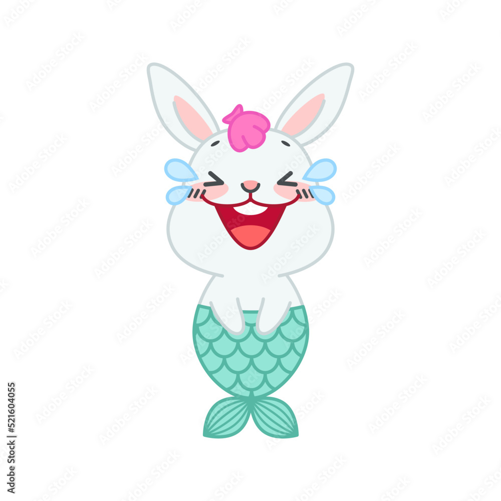 Cute little rabbit with a mermaid tail. Flat cartoon illustration of a mermaid bunny laughing to tears isolated on a white background. Vector 10 EPS. Cute little rabbit with a mermaid tail. Flat cartoon illustration of a mermaid bunny laughing to tears isolated on a white background. Vector 10 EPS.