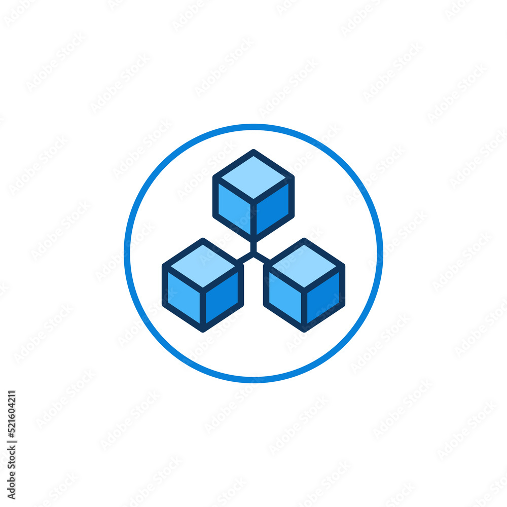 Three Connected Blocks - Circle with Blockchain vector round blue icon